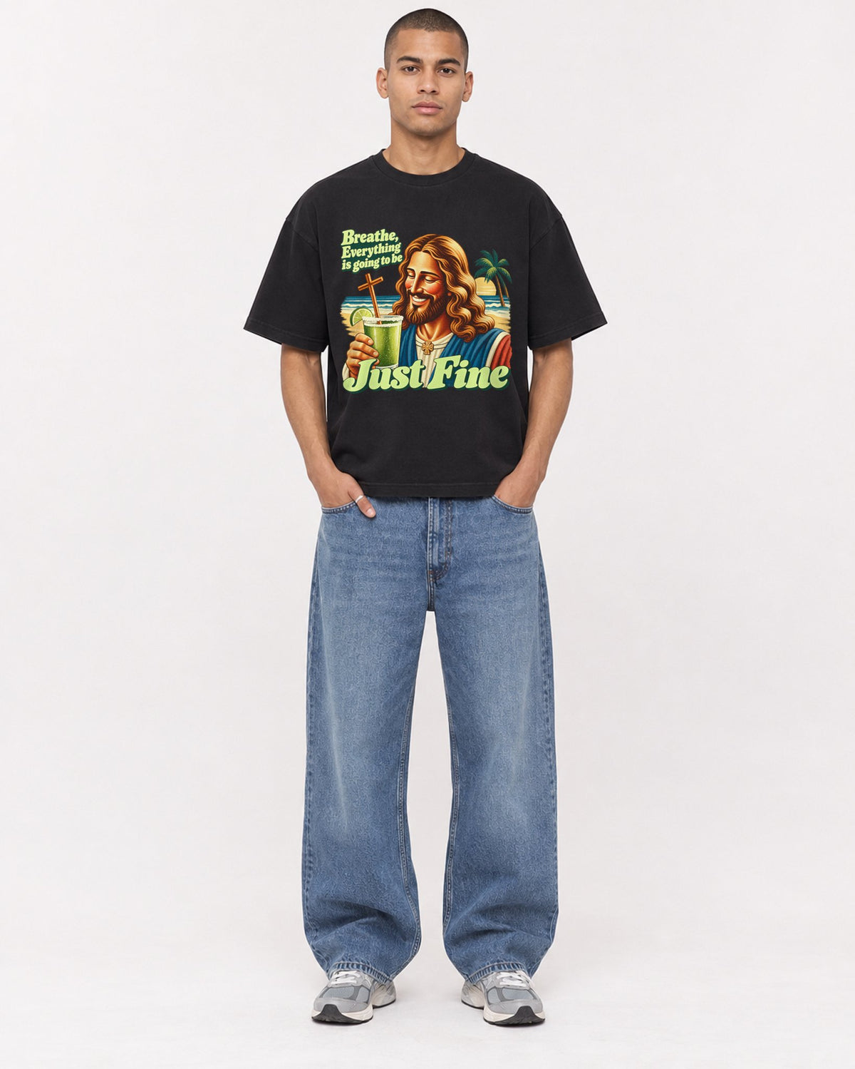 Mockup Boxy Heavyweight Tee Black male full-body 50
