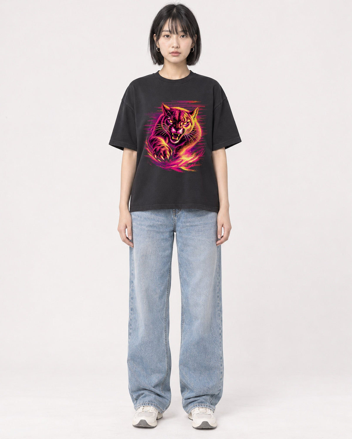 Mockup Boxy Heavyweight Tee Black female full-body 11