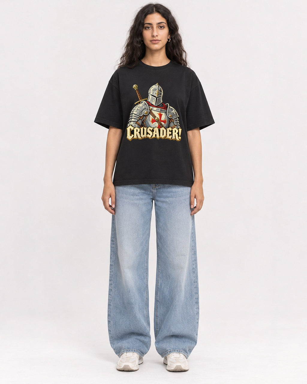Mockup Boxy Heavyweight Tee Black female full-body 07