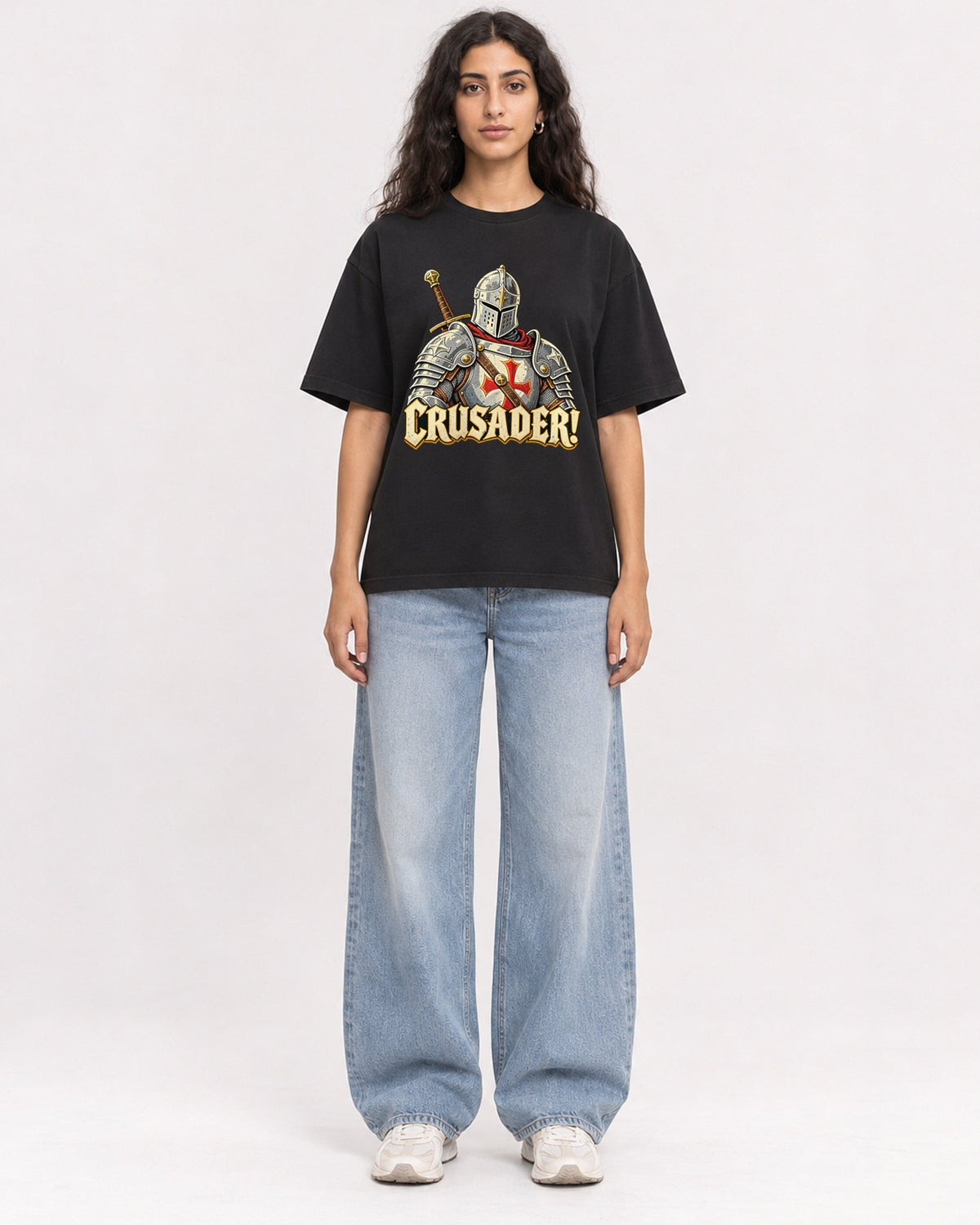 Mockup Boxy Heavyweight Tee Black female full-body 07
