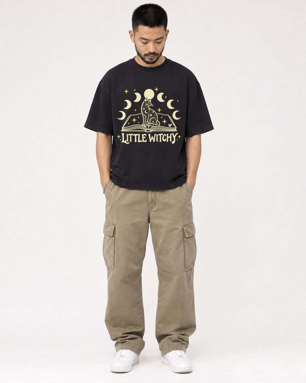 Mockup Boxy Heavyweight Tee Black male full-body 32