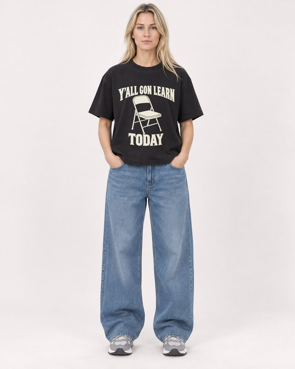 Mockup Boxy Heavyweight Tee Black female full-body 08