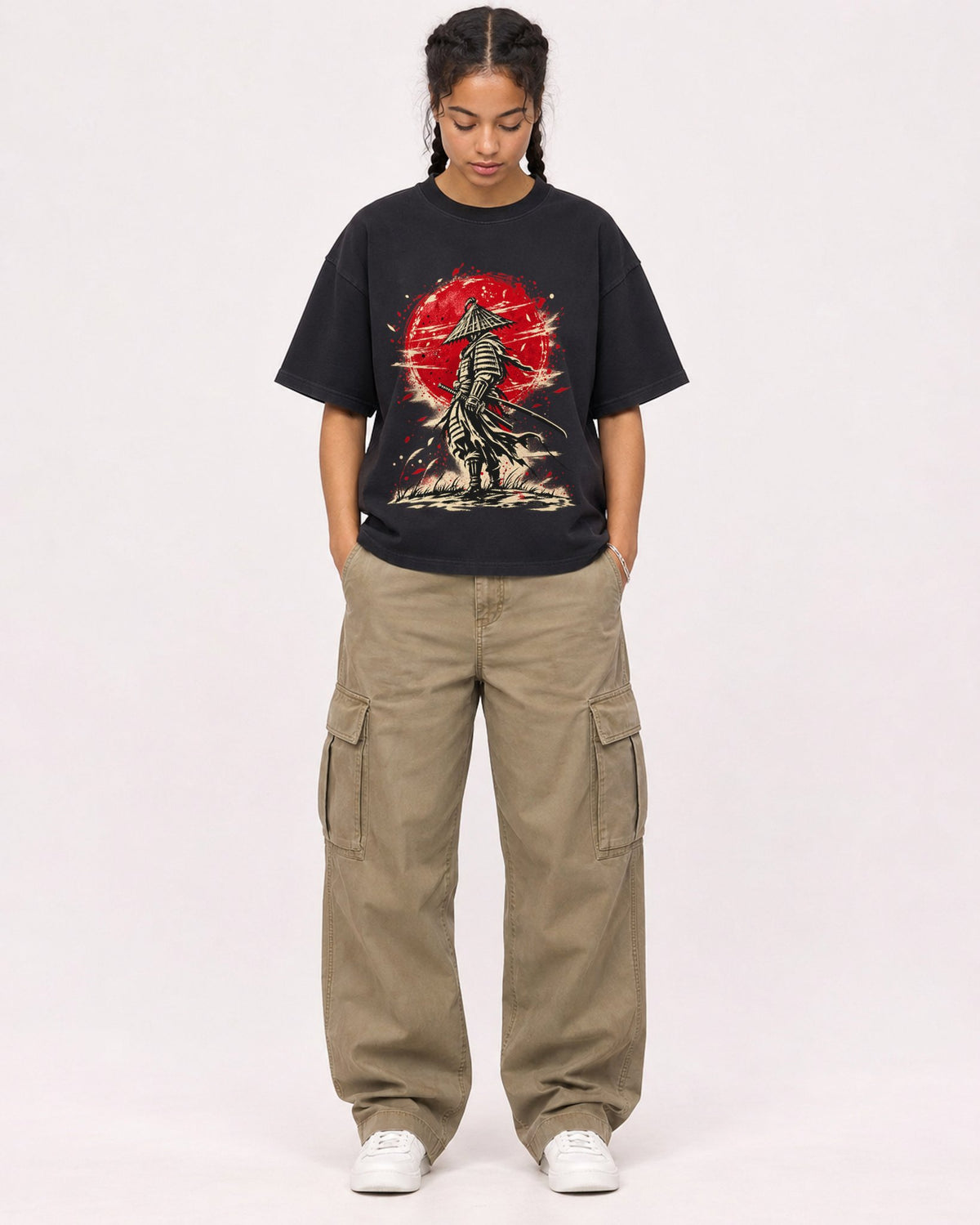 Mockup Boxy Heavyweight Tee Black female full-body 50