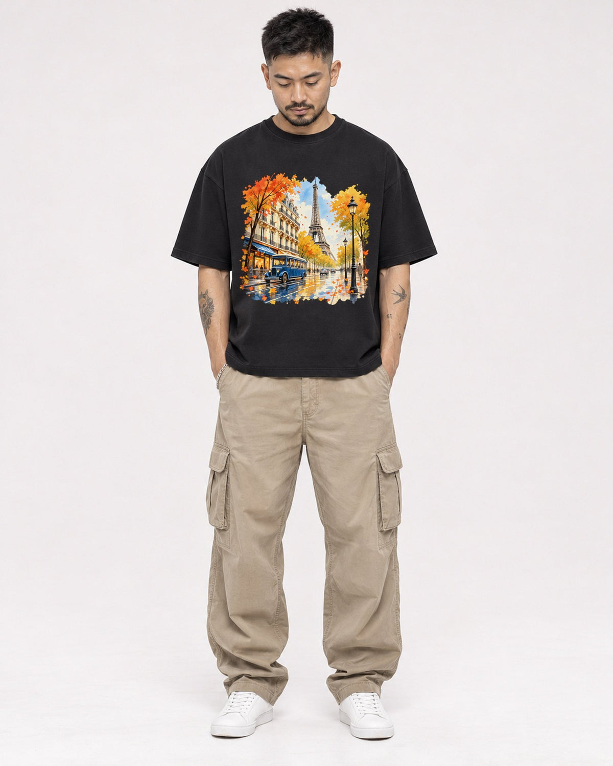 Mockup Boxy Heavyweight Tee Black male full-body 12