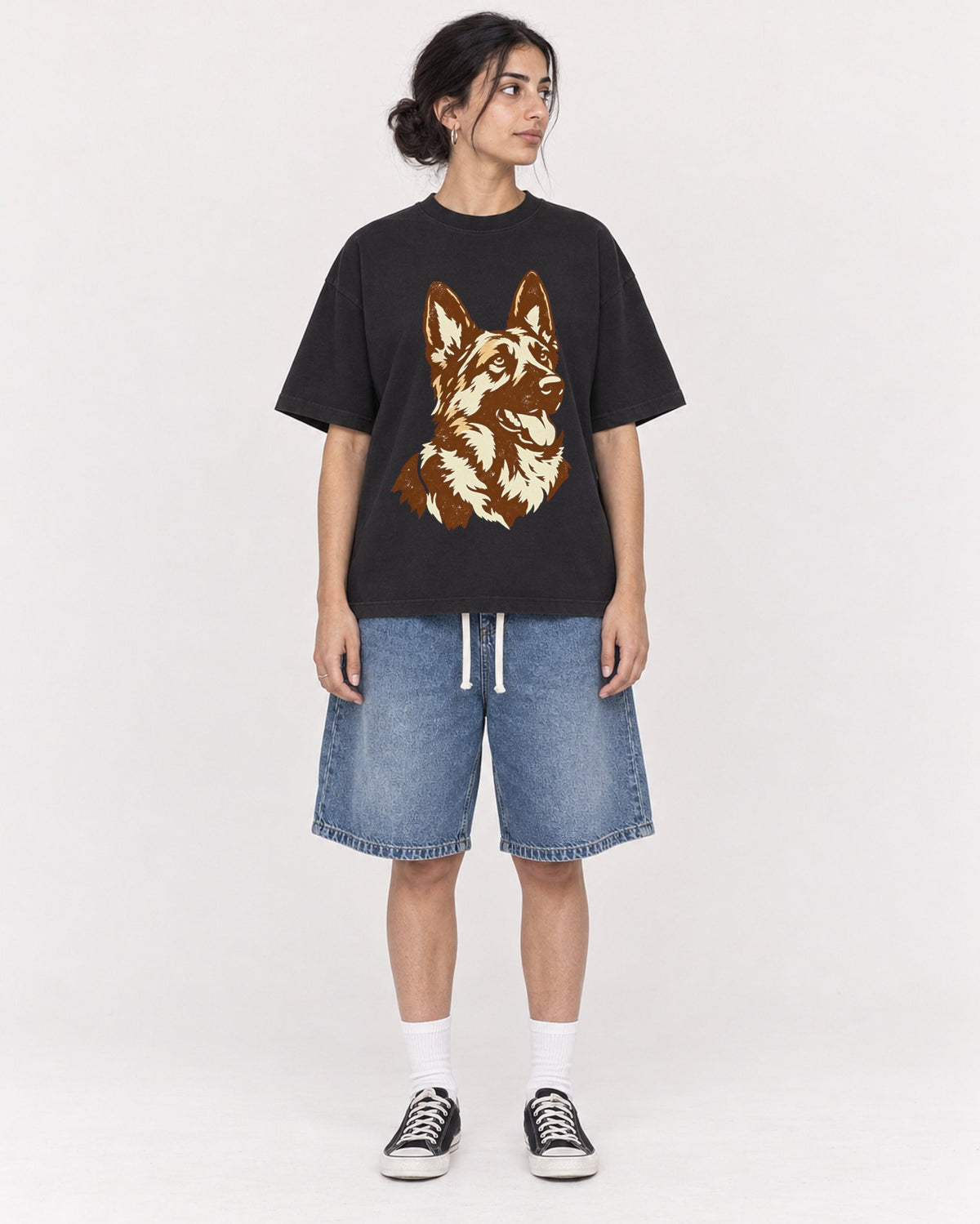Mockup Boxy Heavyweight Tee Black female full-body 17