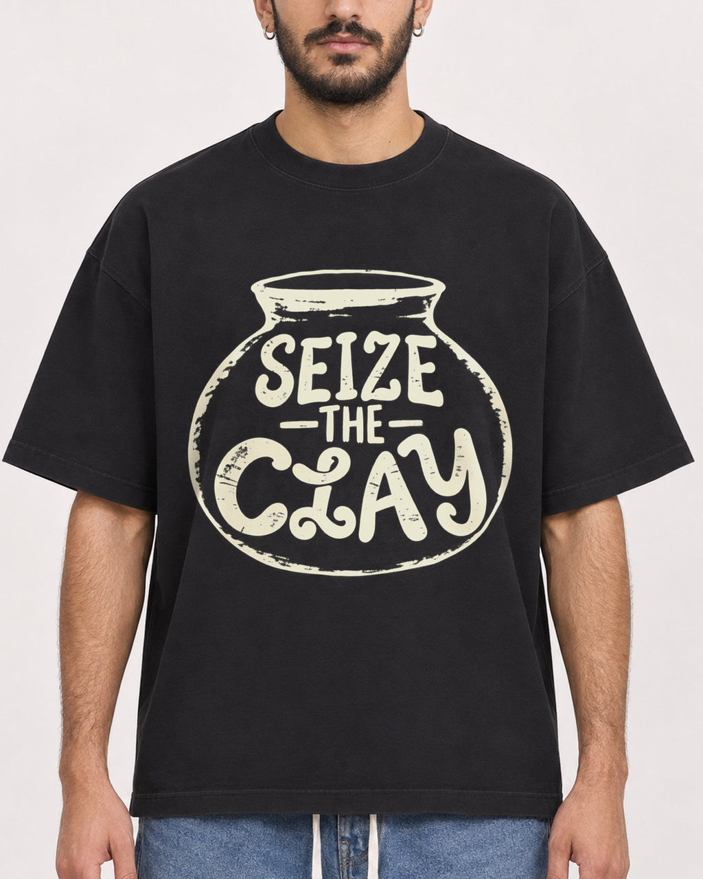 Mockup Boxy Heavyweight Tee Black male close-up 07