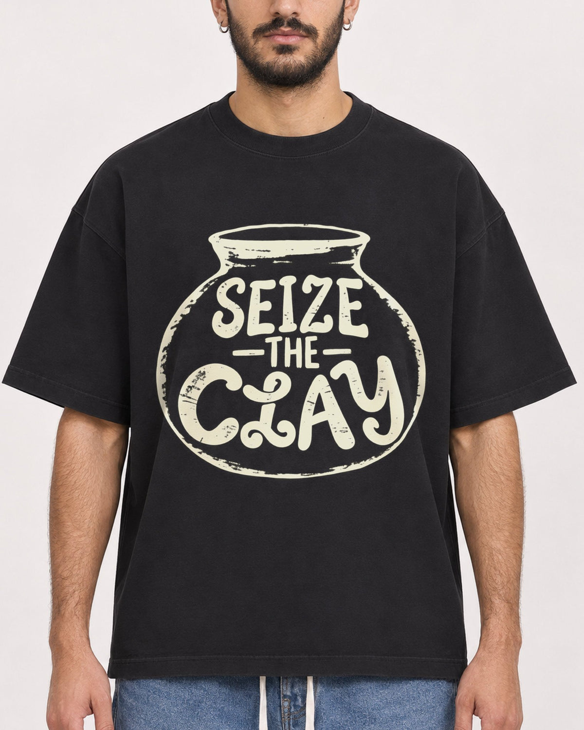 Mockup Boxy Heavyweight Tee Black male close-up 07