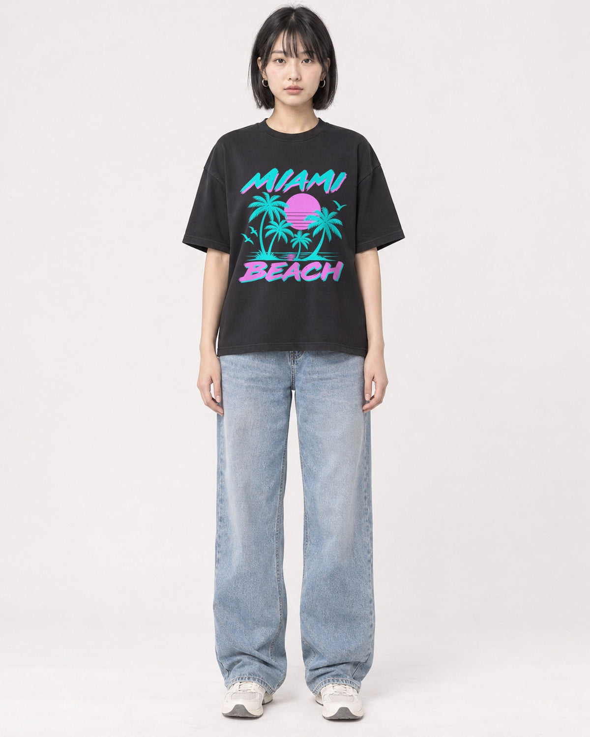 Mockup Boxy Heavyweight Tee Black female full-body 11