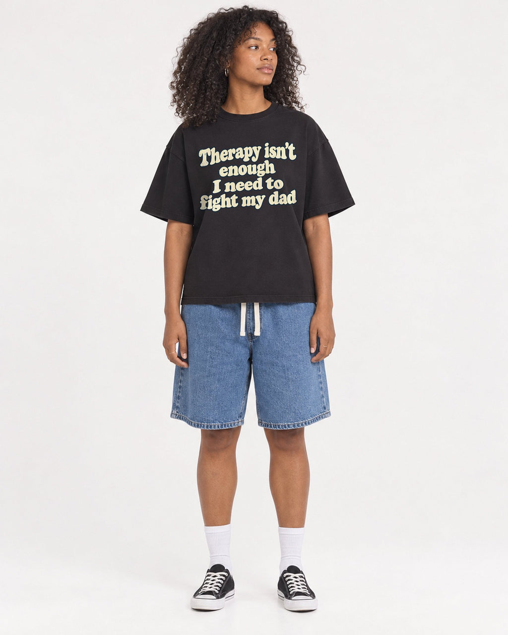 Mockup Boxy Heavyweight Tee Black female full-body 05