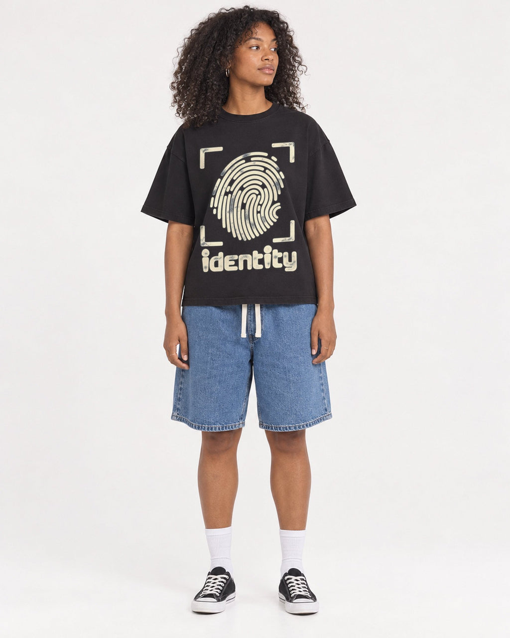 Mockup Boxy Heavyweight Tee Black female full-body 05