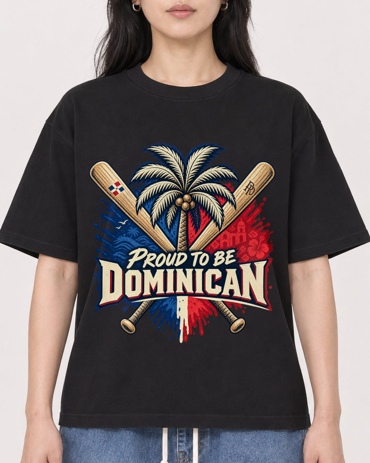 Mockup Boxy Heavyweight Tee Black female close-up 13