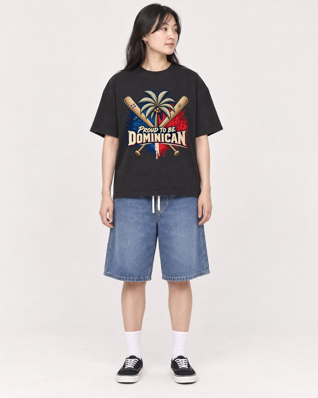 Mockup Boxy Heavyweight Tee Black female full-body 13