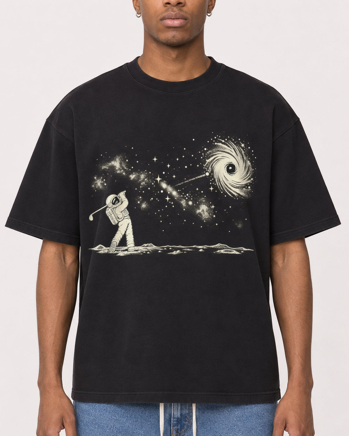 Mockup Boxy Heavyweight Tee Black male close-up 35