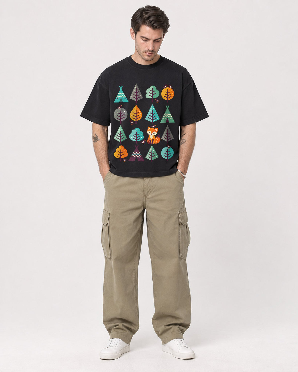 Mockup Boxy Heavyweight Tee Black male full-body 48