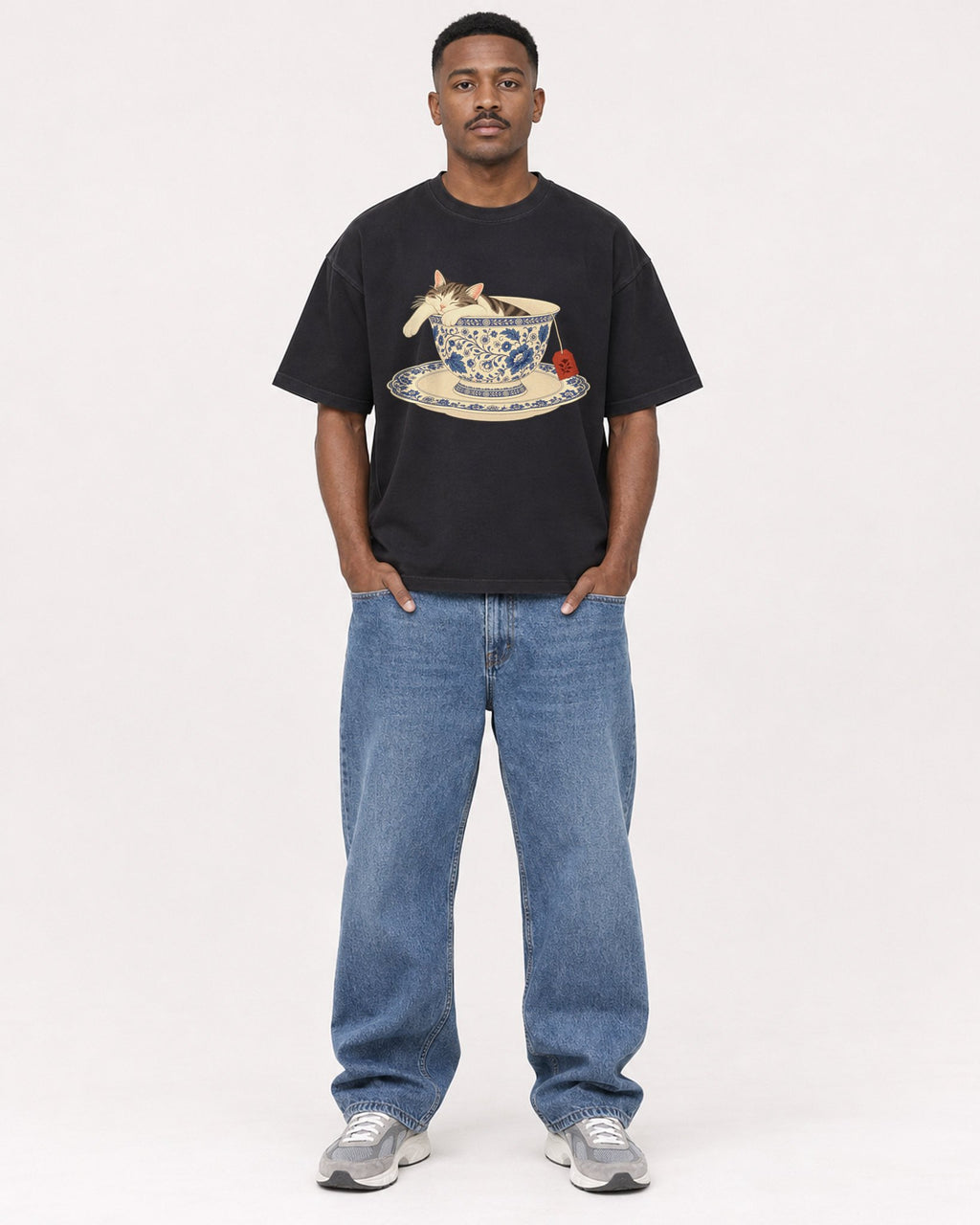 Mockup Boxy Heavyweight Tee Black male full-body 14