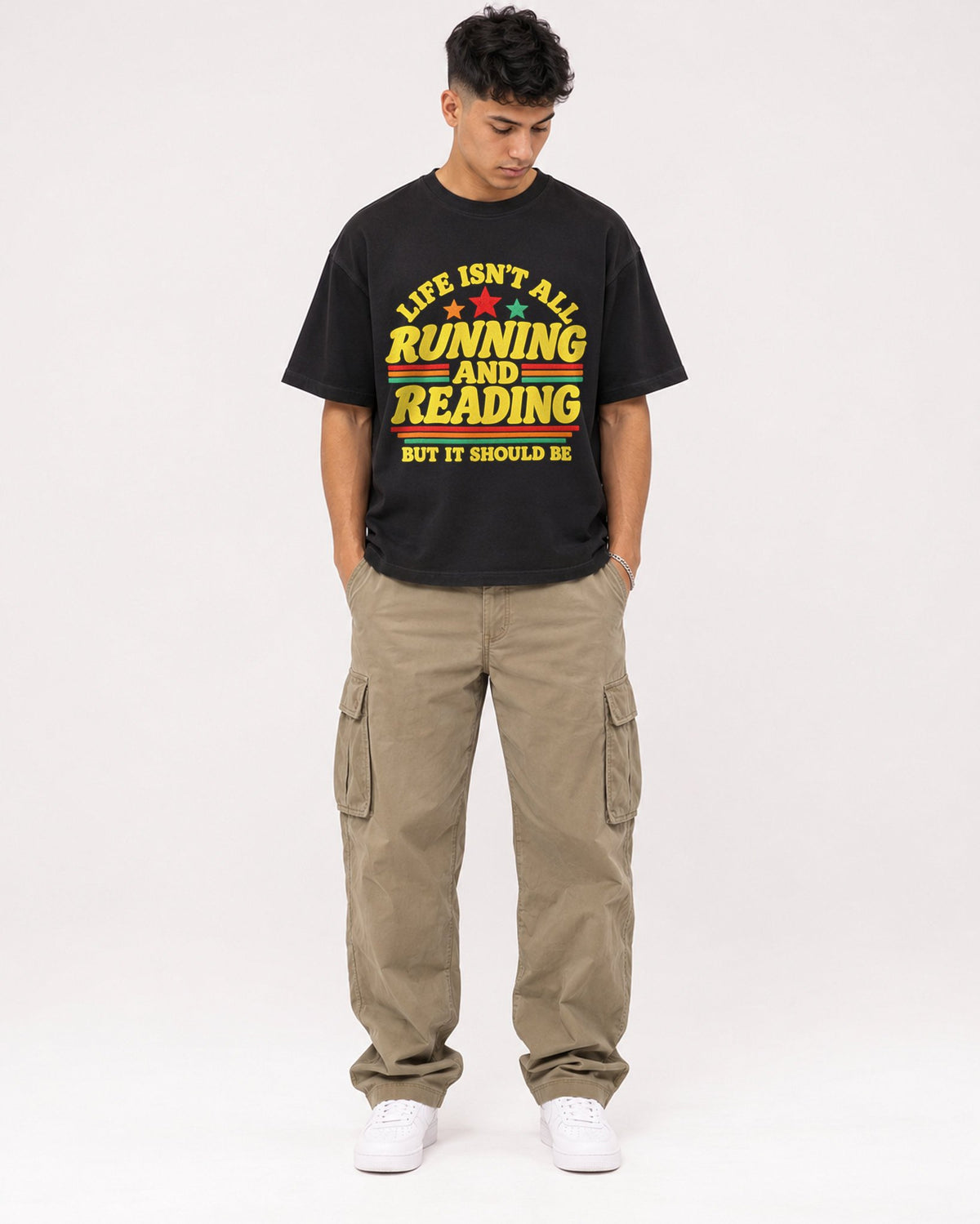 Mockup Boxy Heavyweight Tee Black male full-body 16