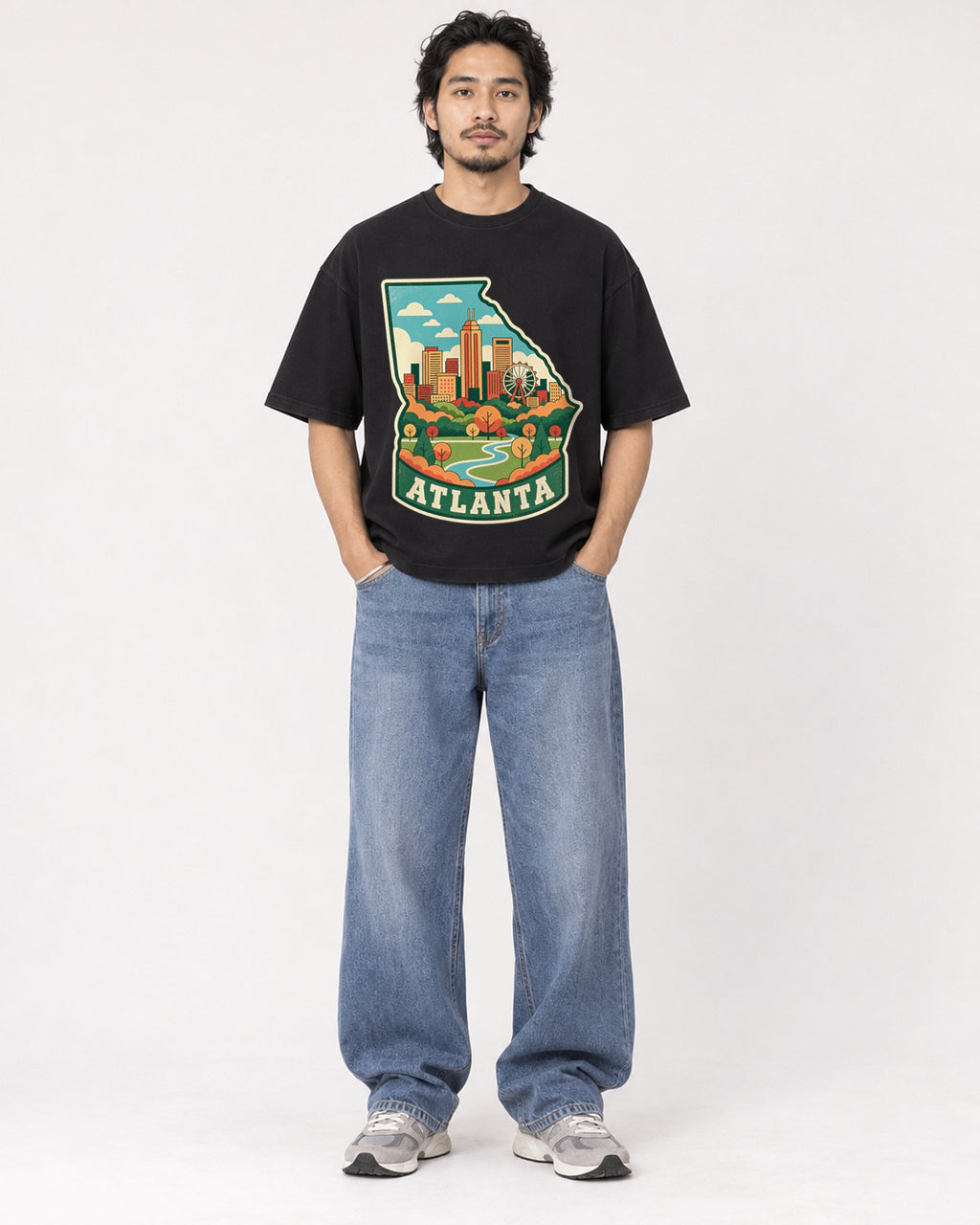 Mockup Boxy Heavyweight Tee Black male full-body 22