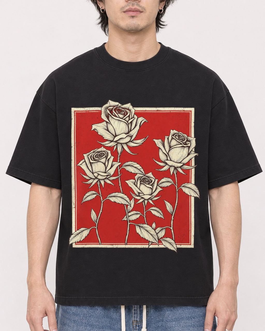 Mockup Boxy Heavyweight Tee Black male close-up 03