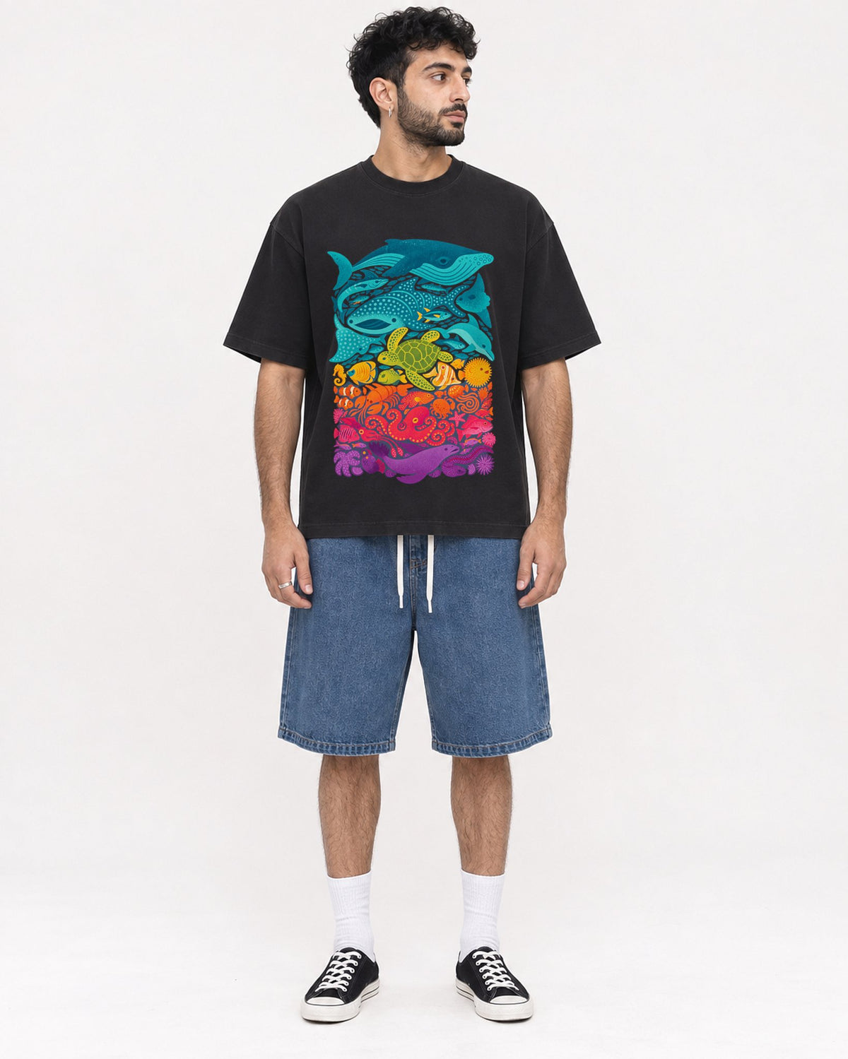 Mockup Boxy Heavyweight Tee Black male full-body 07