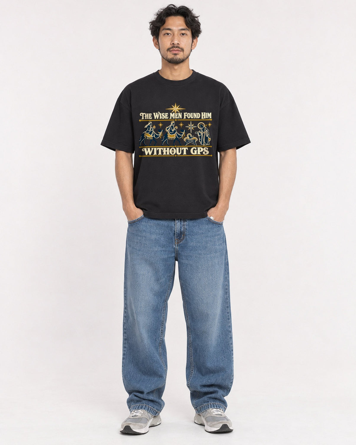 Mockup Boxy Heavyweight Tee Black male full-body 02