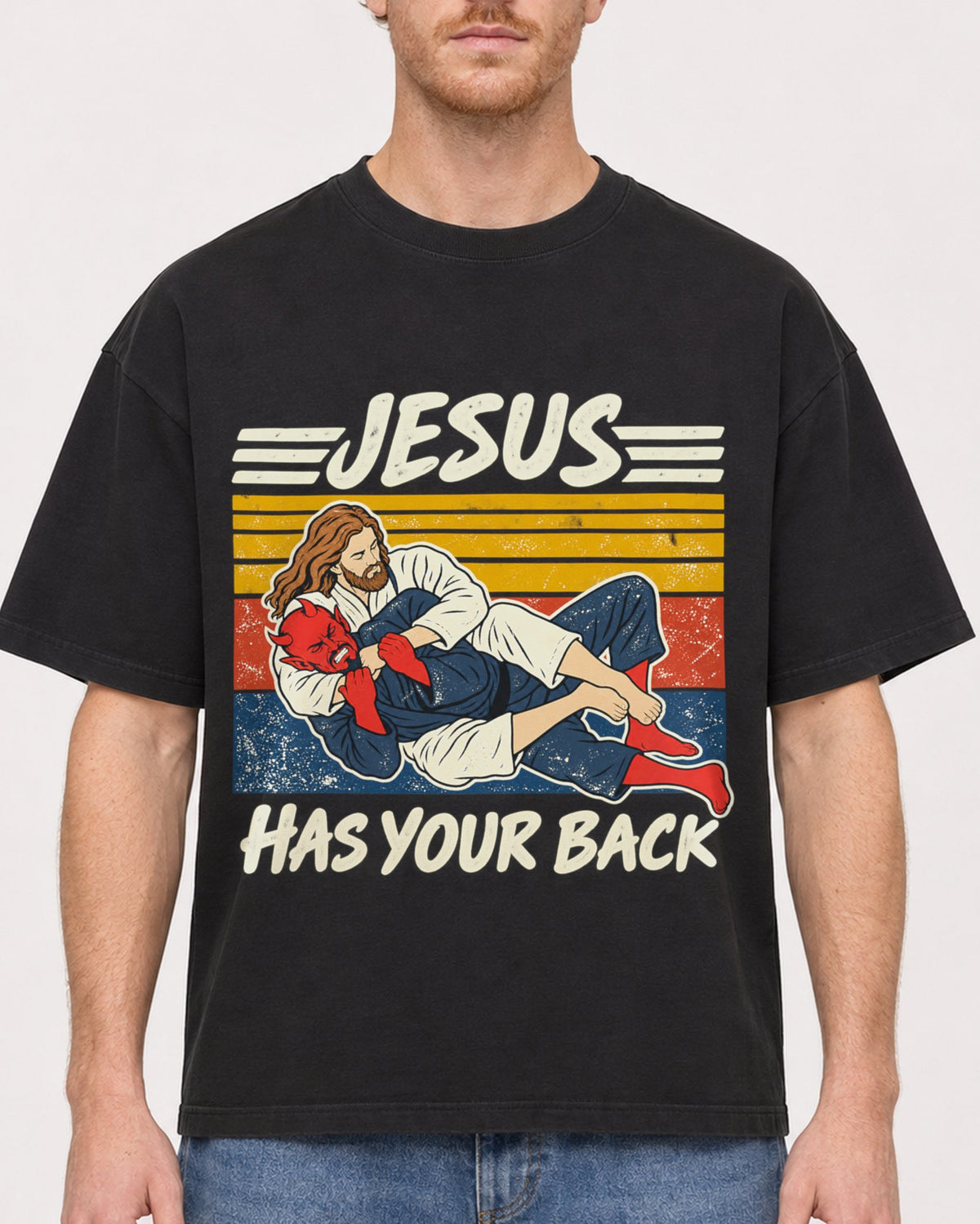 Mockup Boxy Heavyweight Tee Black male close-up 38