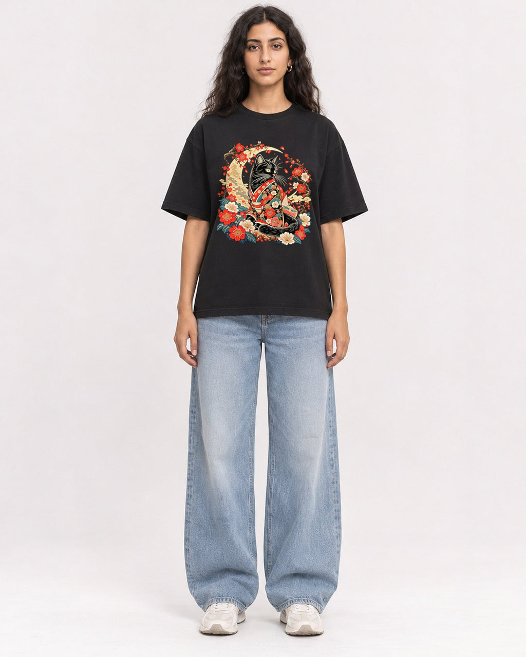 Mockup Boxy Heavyweight Tee Black female full-body 07