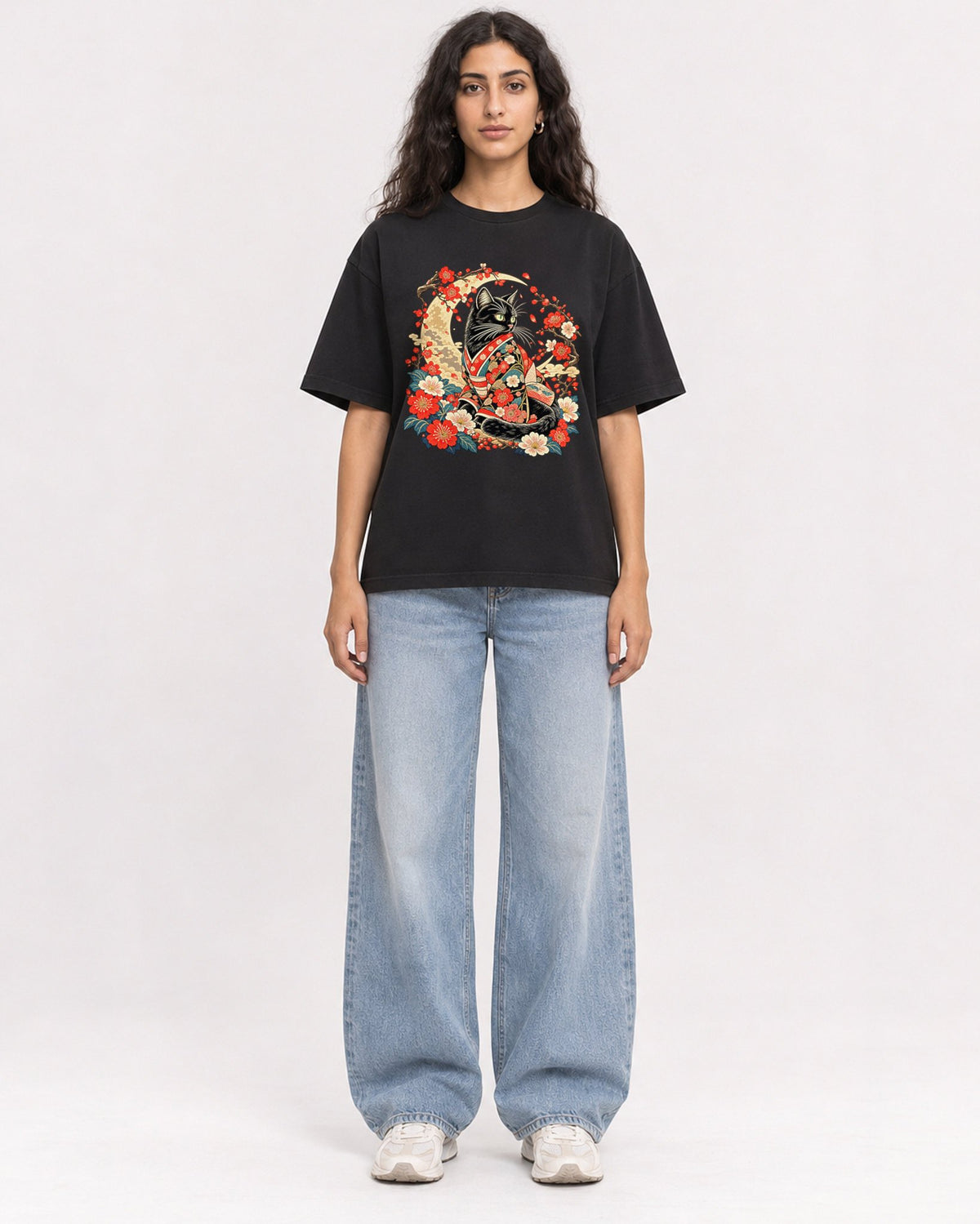 Mockup Boxy Heavyweight Tee Black female full-body 07