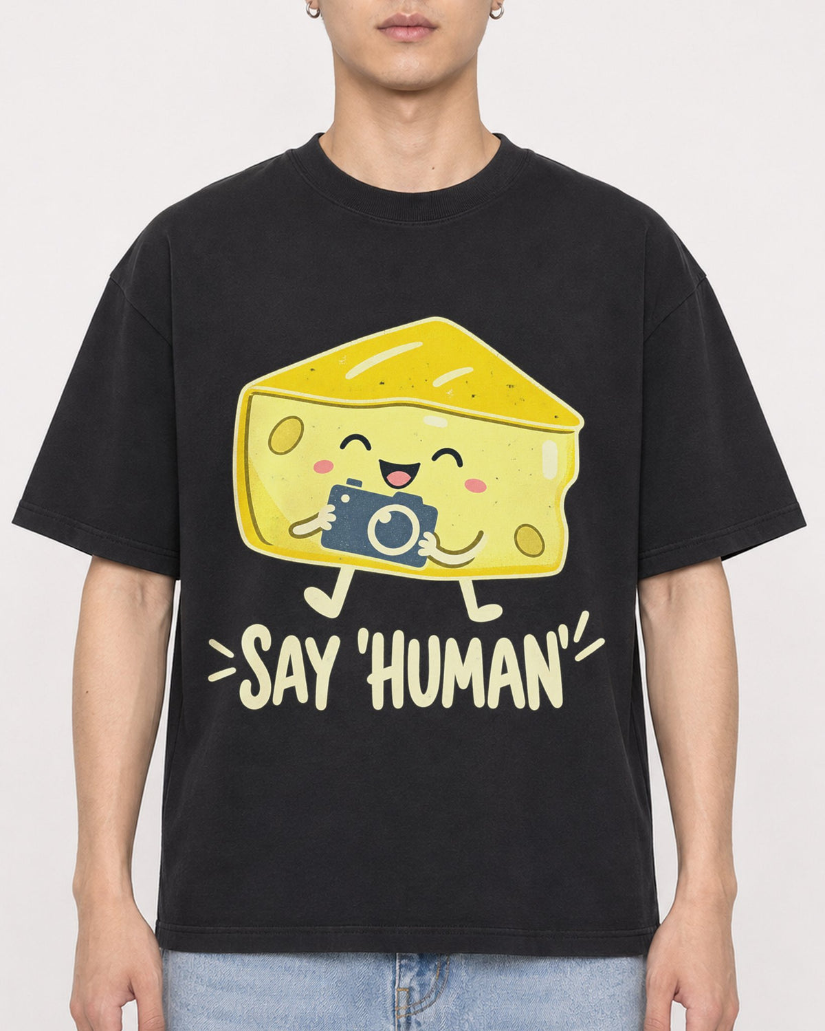 Mockup Boxy Heavyweight Tee Black male close-up 21