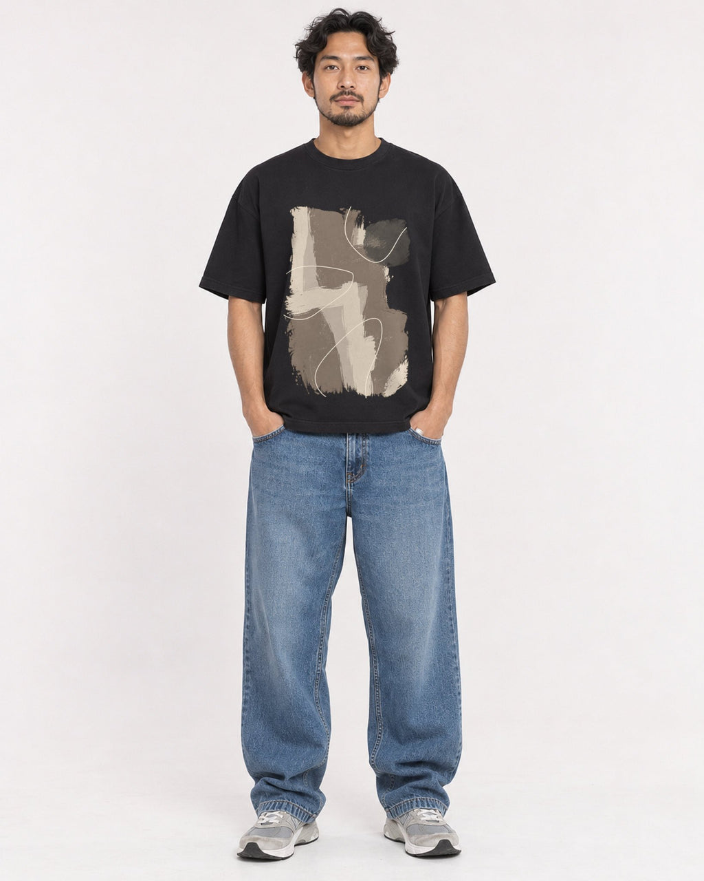 Mockup Boxy Heavyweight Tee Black male full-body 02