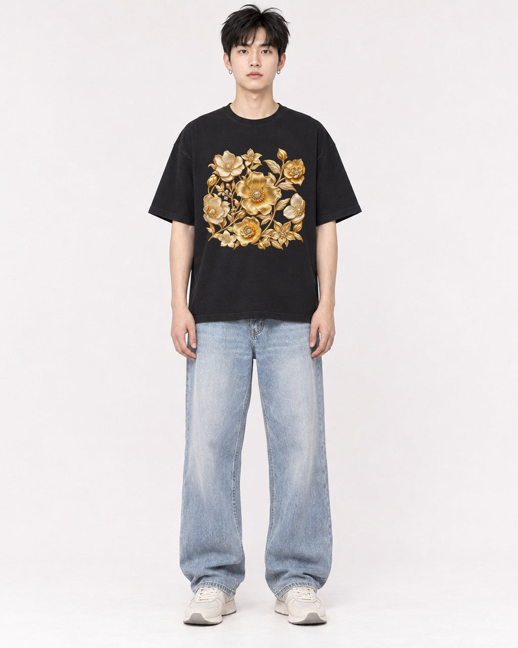 Mockup Boxy Heavyweight Tee Black male full-body 01