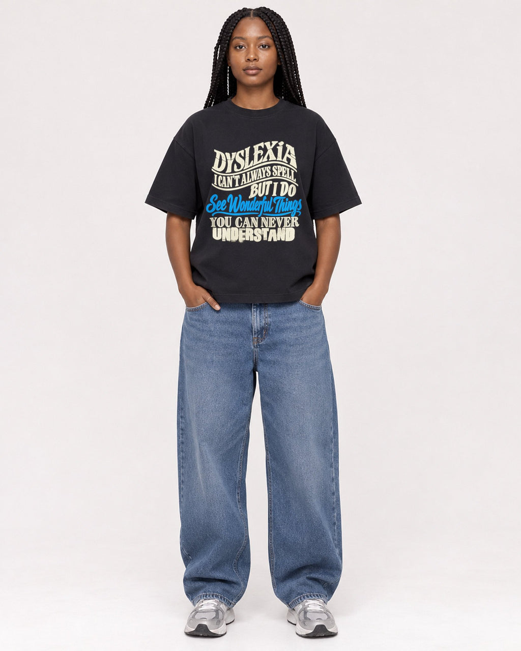 Mockup Boxy Heavyweight Tee Black female full-body 04