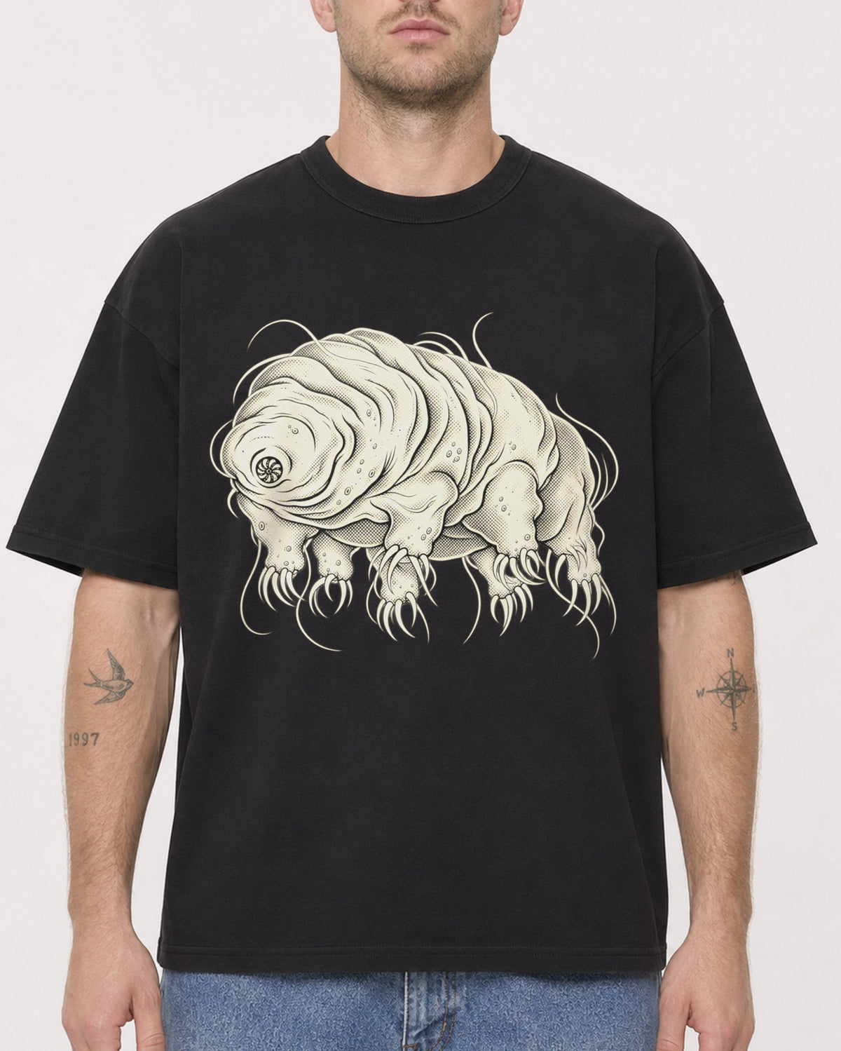 Mockup Boxy Heavyweight Tee Black male close-up 18
