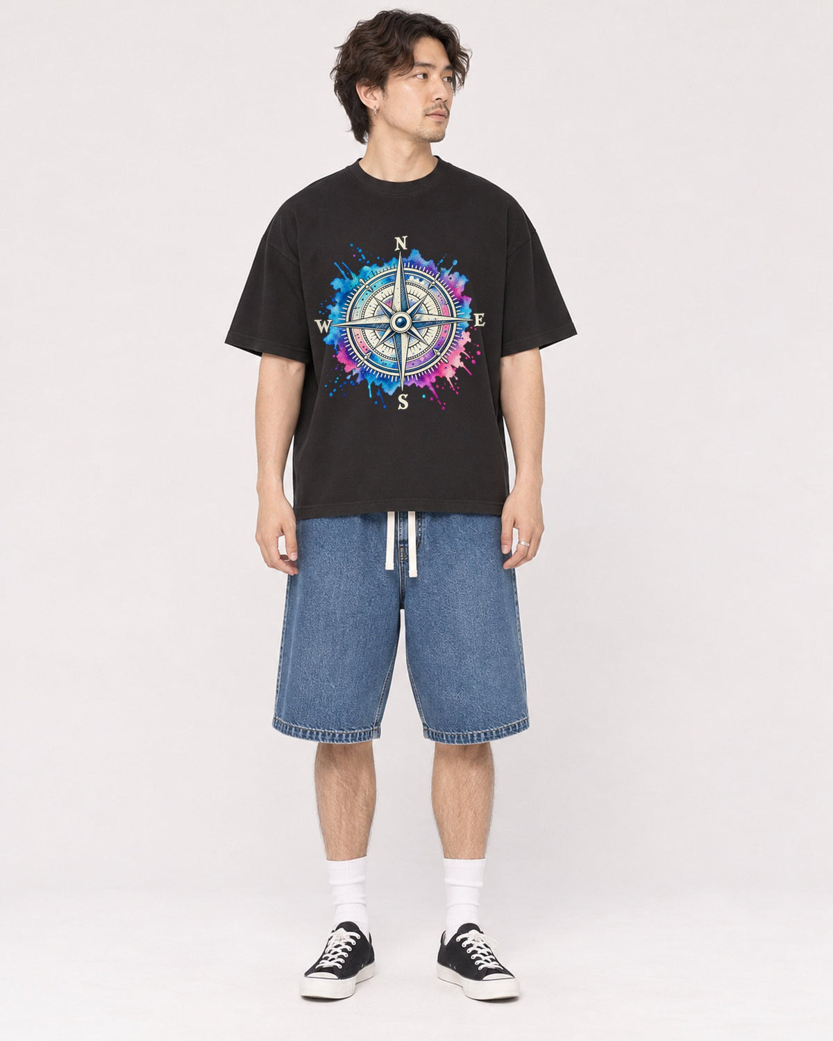 Mockup Boxy Heavyweight Tee Black male full-body 03