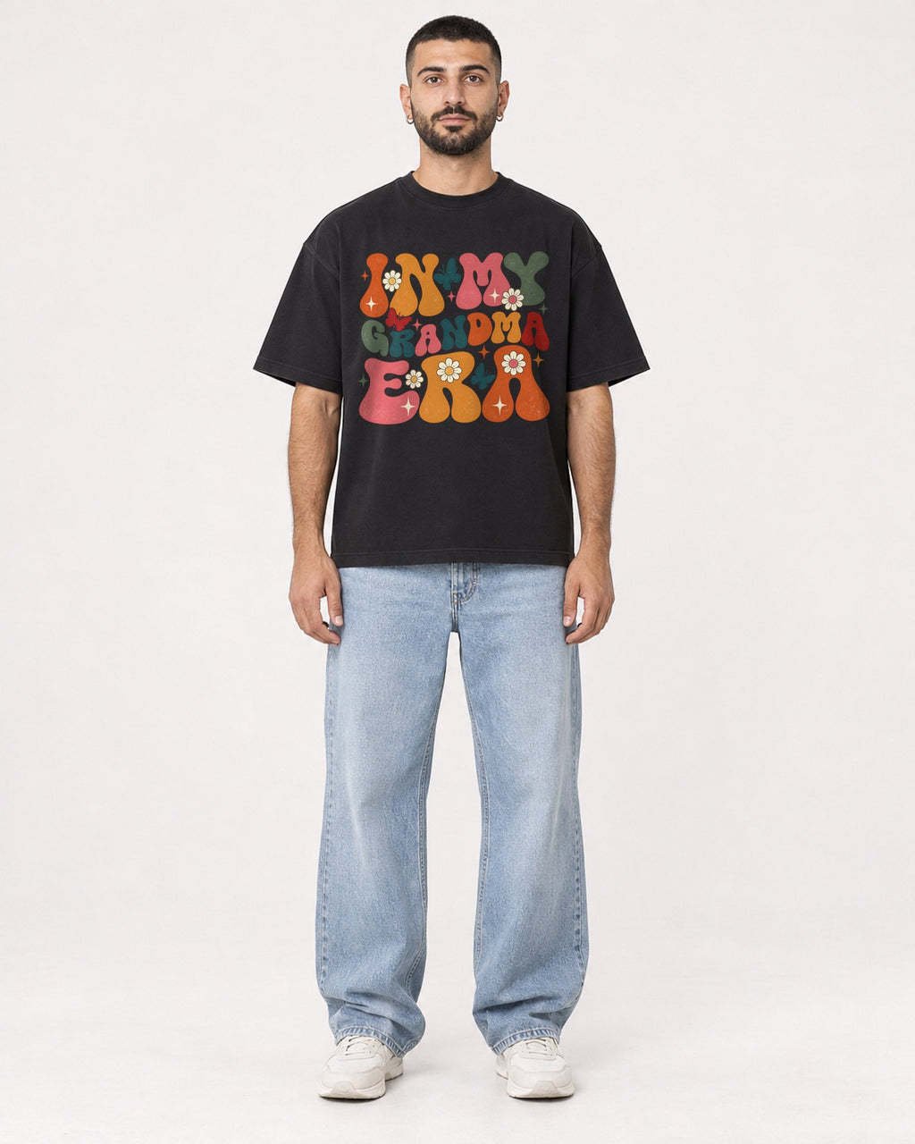 Mockup Boxy Heavyweight Tee Black male full-body 37