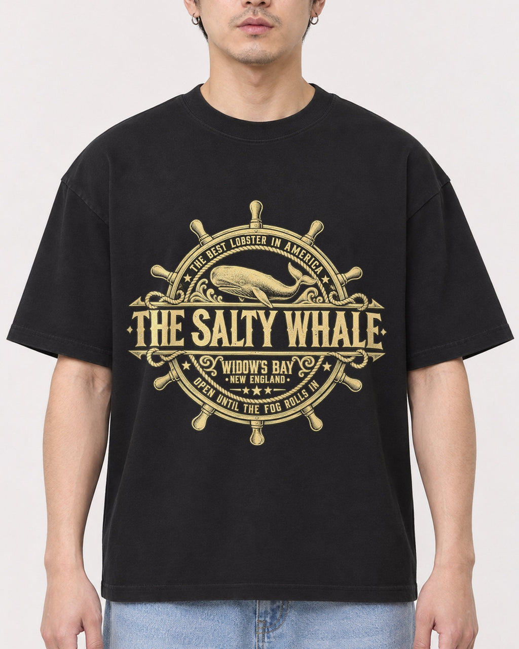 Mockup Boxy Heavyweight Tee Black male close-up 13