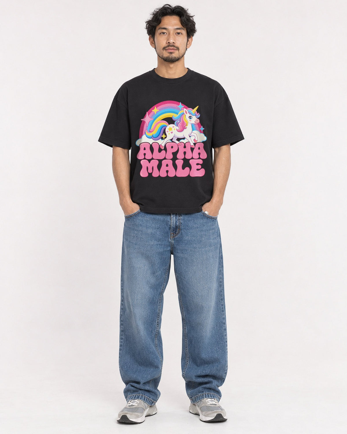 Mockup Boxy Heavyweight Tee Black male full-body 02