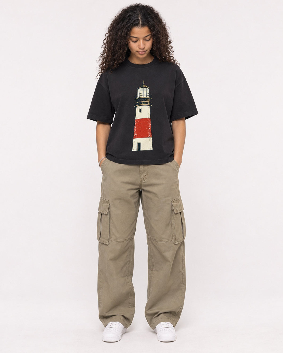 Mockup Boxy Heavyweight Tee Black female full-body 10