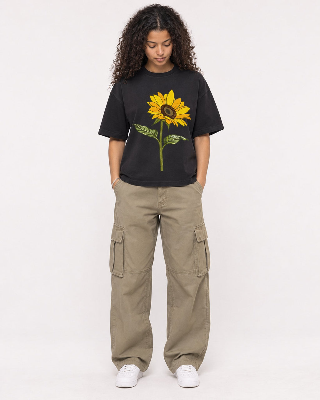 Mockup Boxy Heavyweight Tee Black female full-body 10