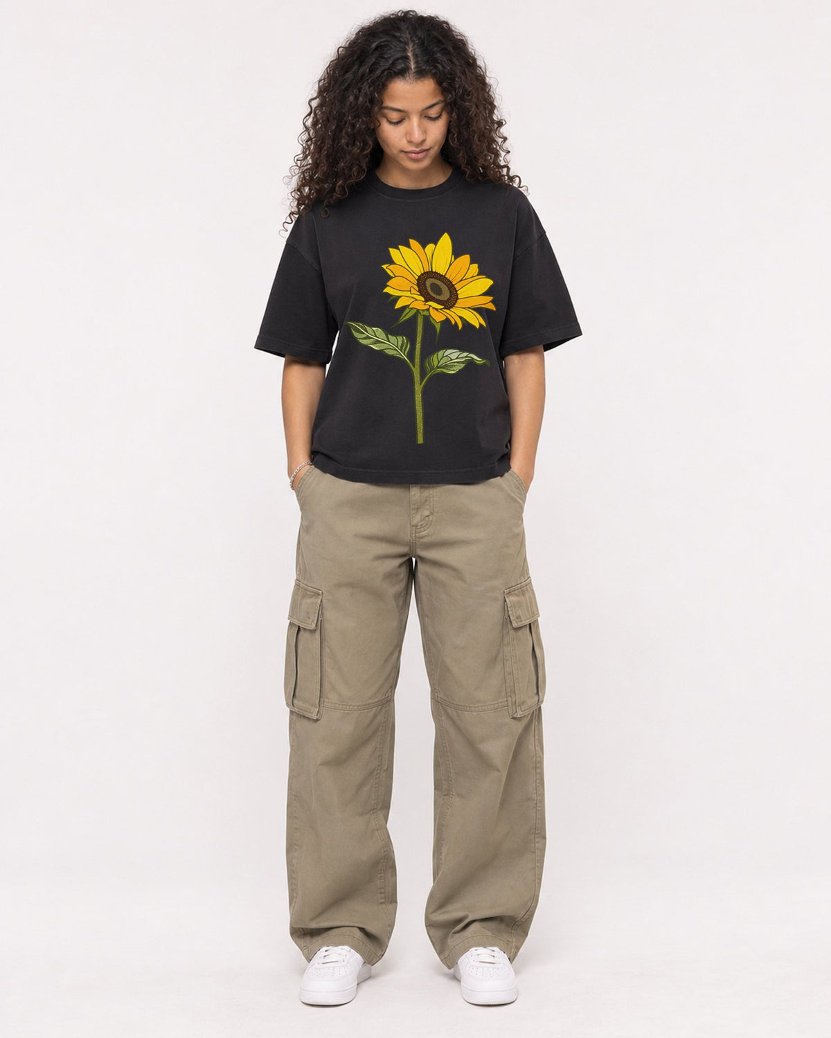 Mockup Boxy Heavyweight Tee Black female full-body 10