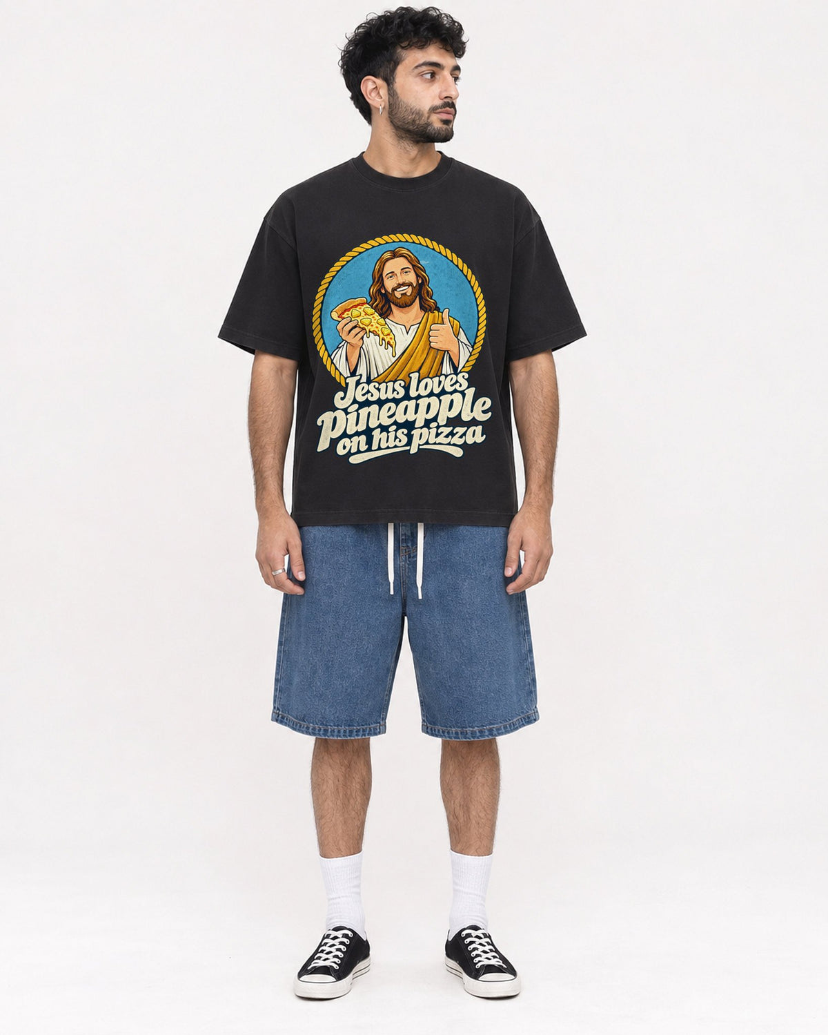 Mockup Boxy Heavyweight Tee Black male full-body 07