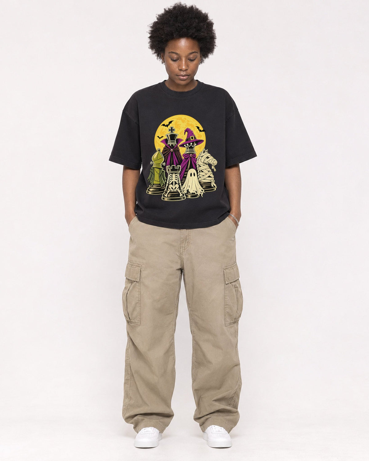 Mockup Boxy Heavyweight Tee Black female full-body 14