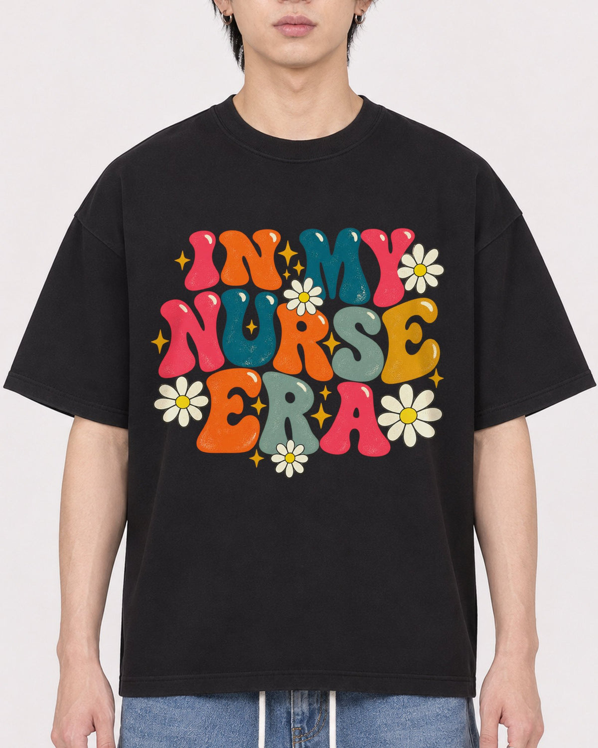 Mockup Boxy Heavyweight Tee Black male close-up 11