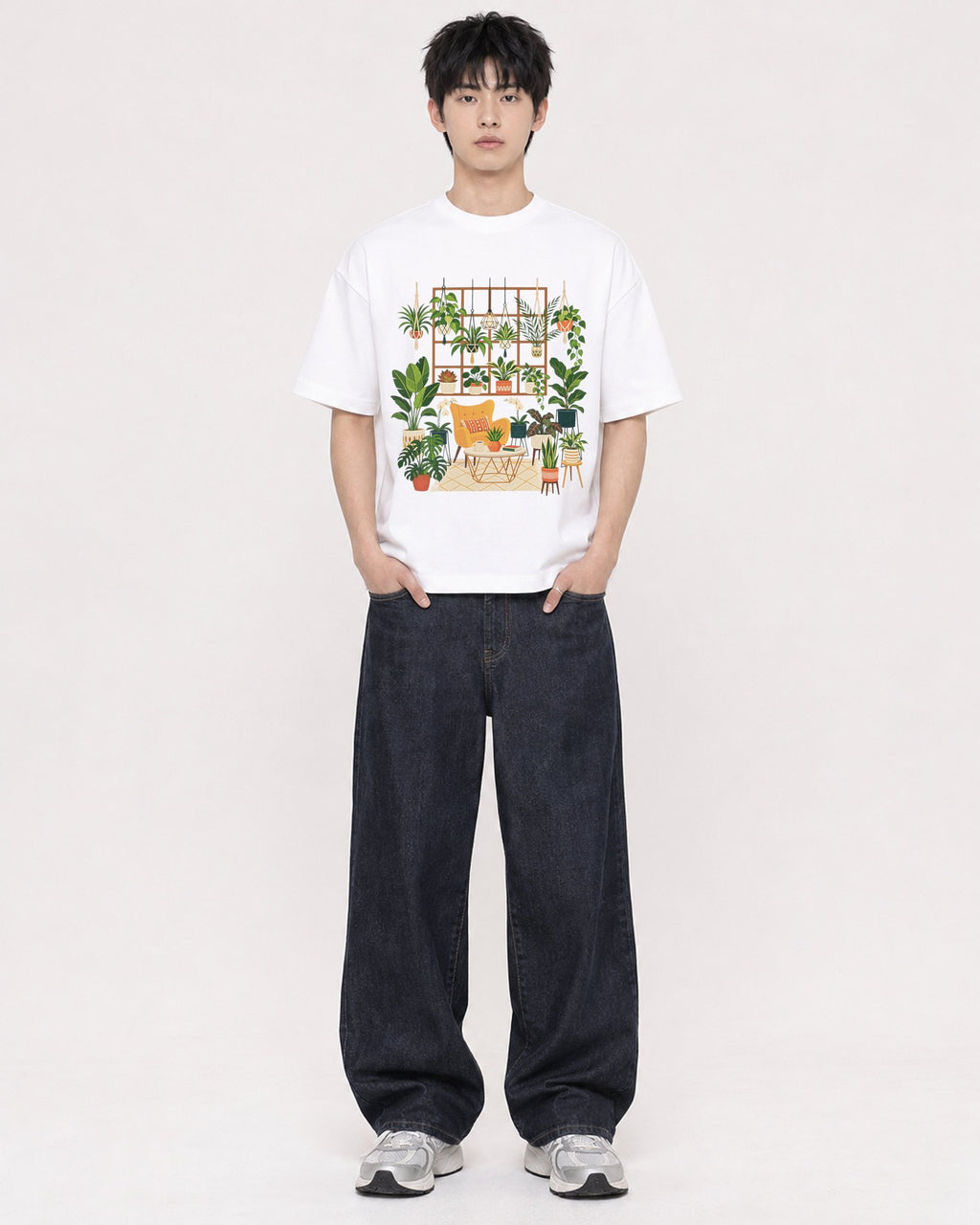 Mockup Boxy Heavyweight Tee White male full-body 01