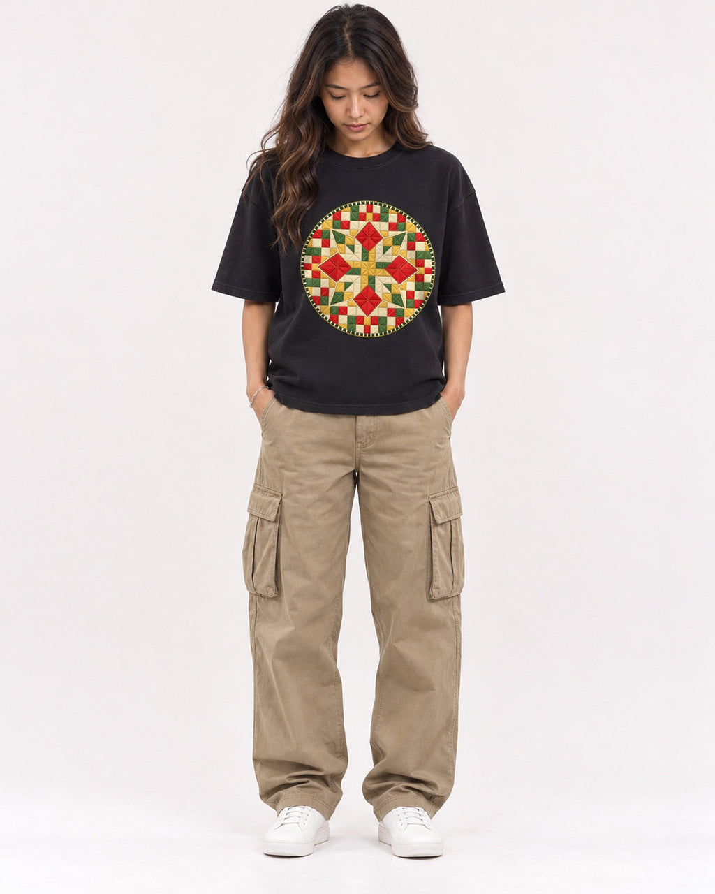 Mockup Boxy Heavyweight Tee Black female full-body 02