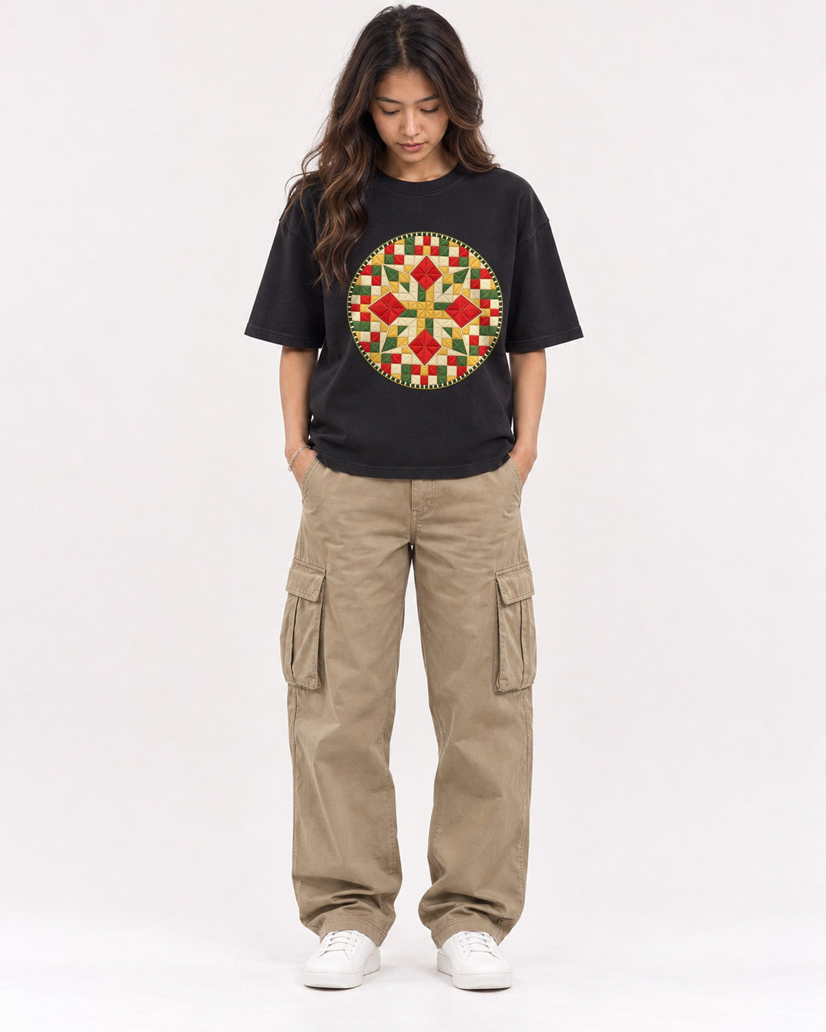 Mockup Boxy Heavyweight Tee Black female full-body 02