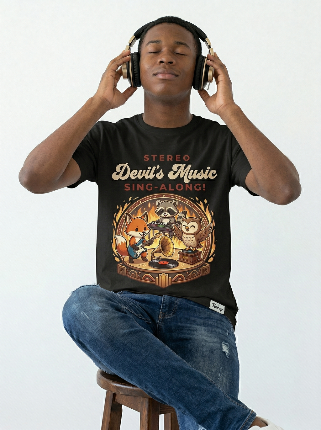 "Stereo Devil's Music Sing-Along" Black T-Shirt - Quirky Humor & Unique Retro Style