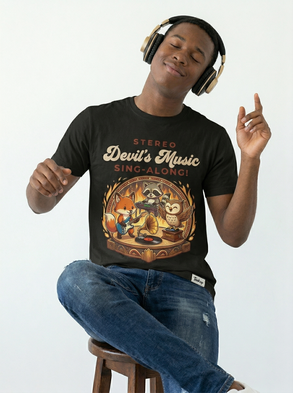 "Stereo Devil's Music Sing-Along" Black T-Shirt - Quirky Humor & Unique Retro Style