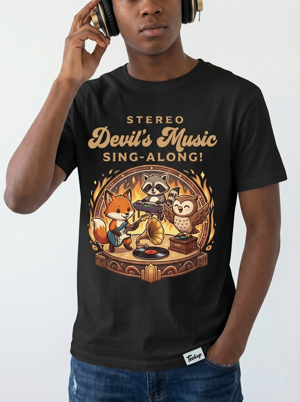 "Stereo Devil's Music Sing-Along" Black T-Shirt - Quirky Humor & Unique Retro Style