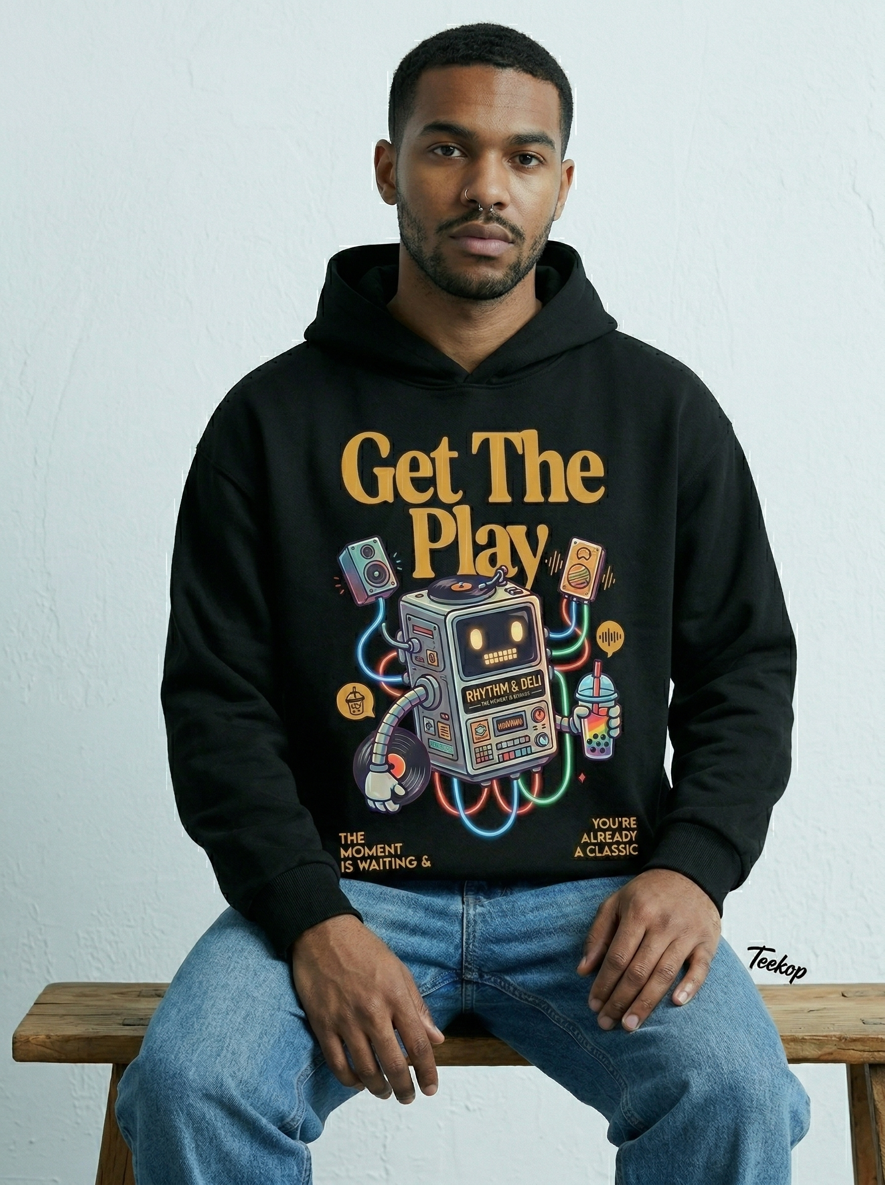 Teekop "Get The Play" Retro Music Vinyl & Boba Hoodie