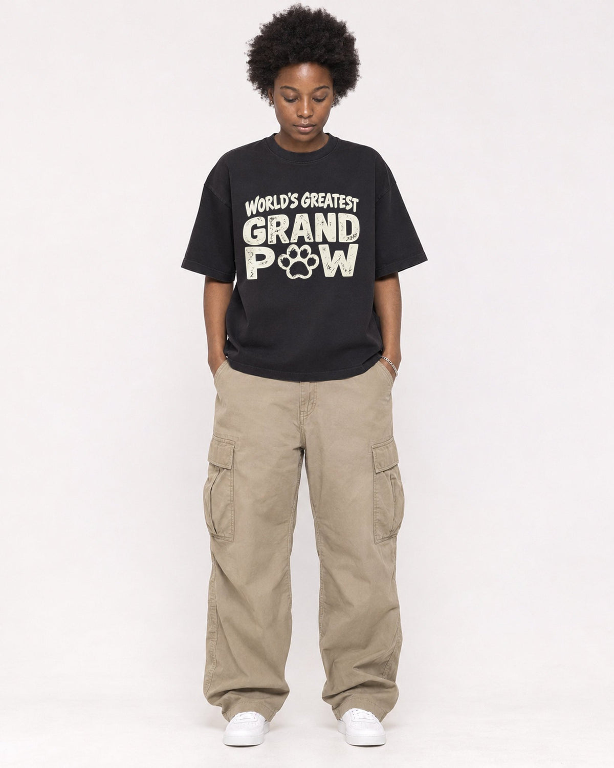 Mockup Boxy Heavyweight Tee Black female full-body 14